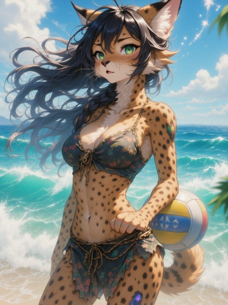Catgirl on Beach Volleyball Court