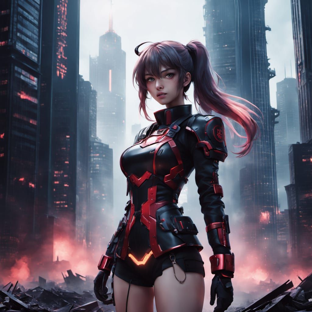 Magical Girl in War-Torn Cityscape: Anime Key Visual