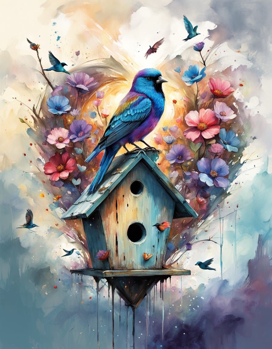 Watercolor Birdhouse with Colorful Birds and Flowers