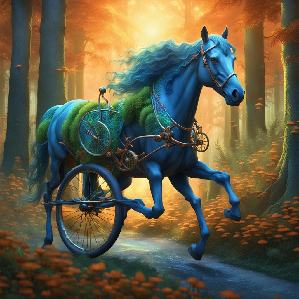 Horse Bicycle Galloping Through Mystical Forest