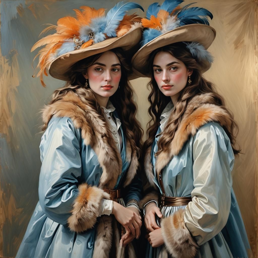 Elegant Women in Fur Coats: Oil Painting Portrait