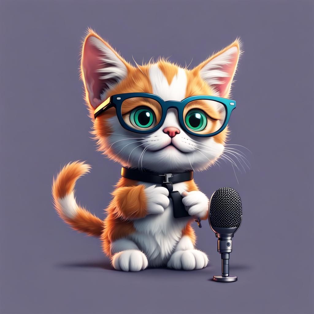 Cute Kitten Cartoon Sticker with Microphone