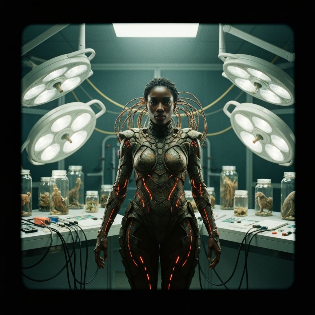 Woman in Cybernetic Reptile Costume in Sci-Fi Facility