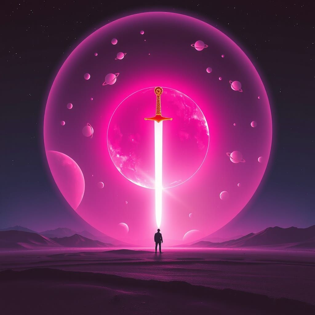 Ethereal Sphere with Sword and Planets in Surreal Style
