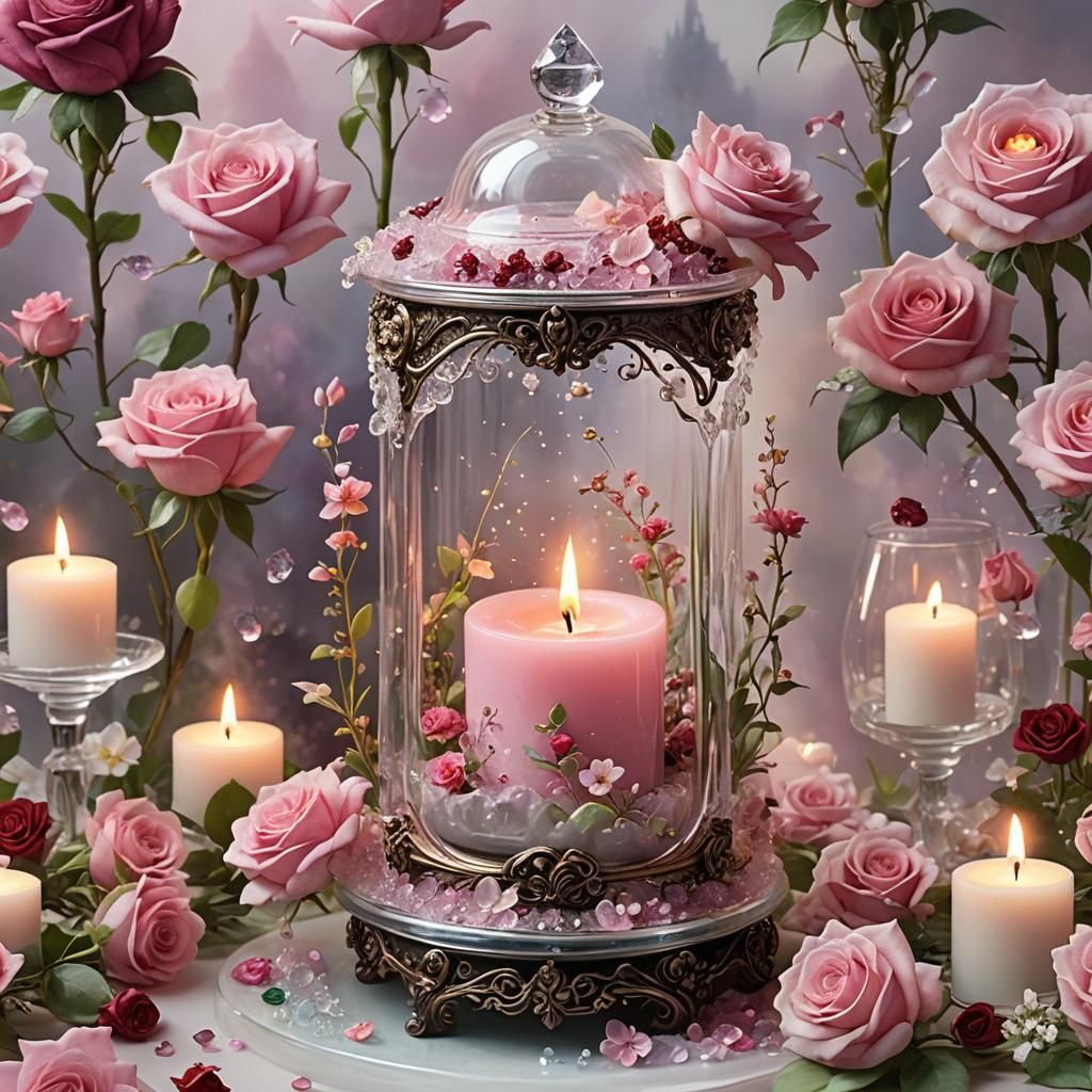 Pink Fantasy Candle Magic with Flowers and Crystals