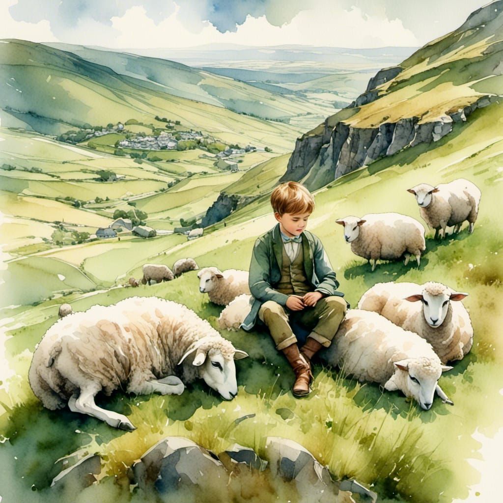 Irish Countryside Watercolor Painting with Boy and Sheep