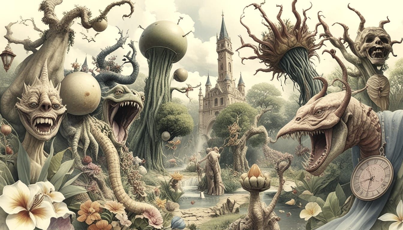 Dreamlike Garden of Eden in Surrealist Watercolor Style