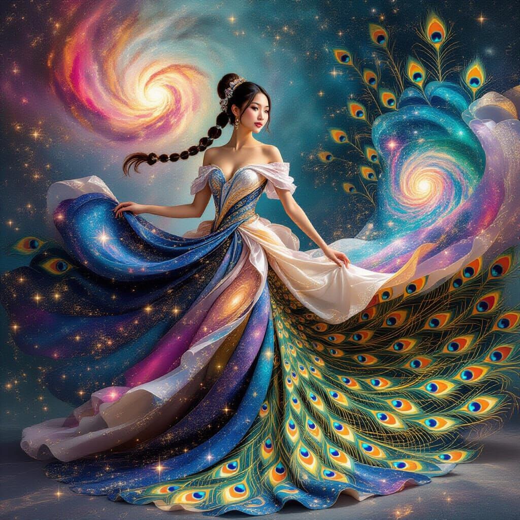Cosmic Gown on Woman with Peacock Tail