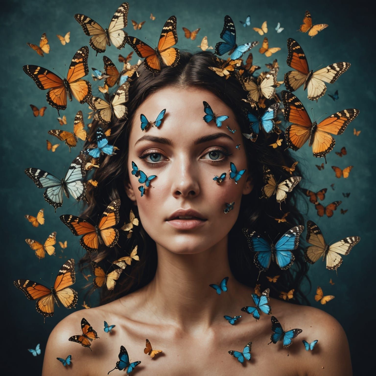 Surreal Portrait of Woman with Butterflies