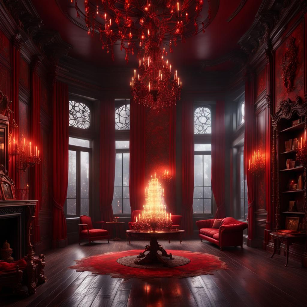 Mysterious Red Room with Fire and Chandelier