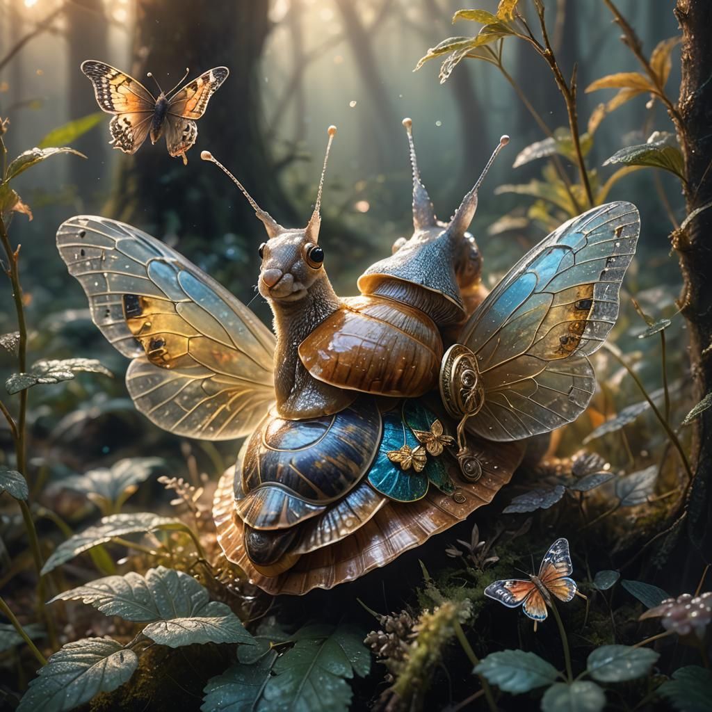 Rabbit Snail with Butterfly Wings in Misty Forest