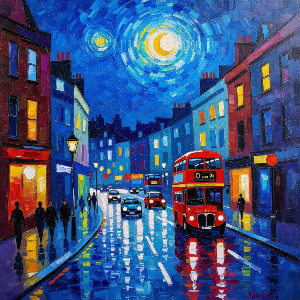 London Streets at Night in Warm Colors, Neo-Impressionist St...