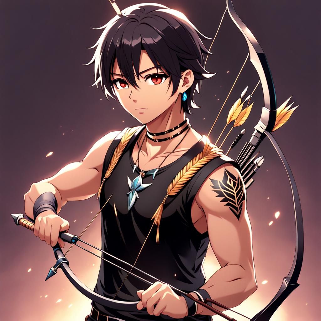 Handsome Native American Man with Bow, Anime Style