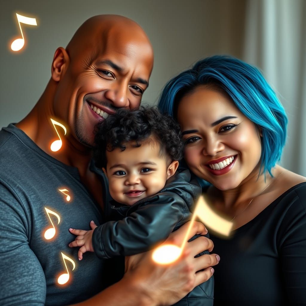 Dwayne Johnson and Blue-Haired Woman with Baby in Rock Famil...