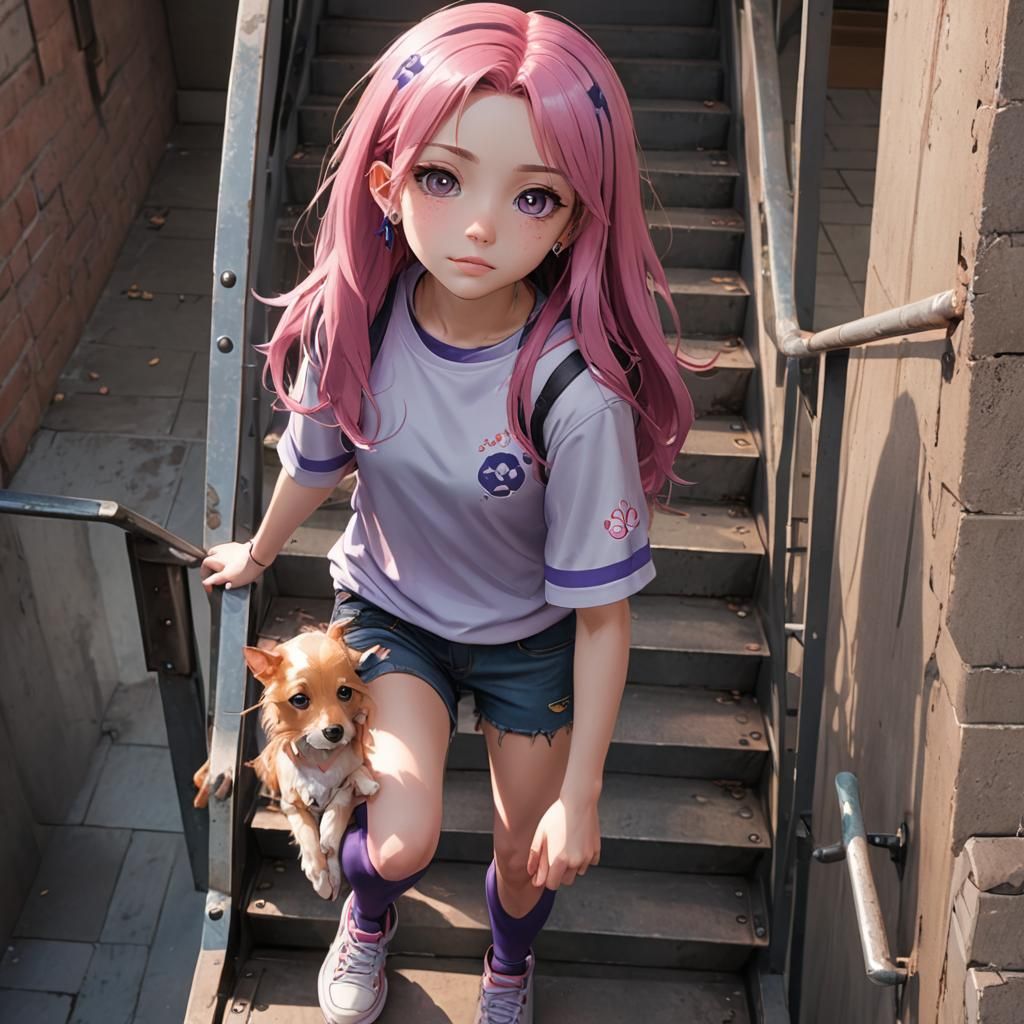 Anime Girl in Stairwell, 3D Rendered Art