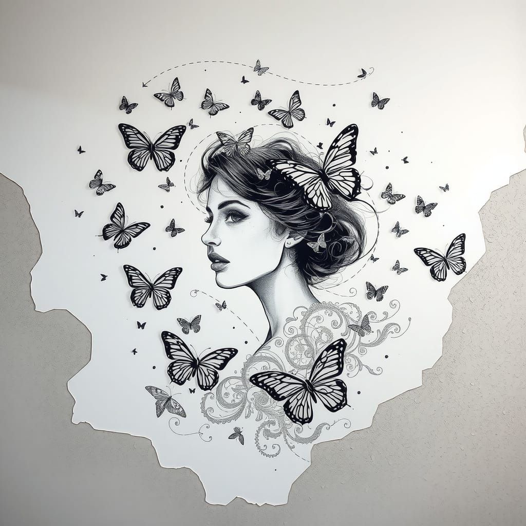 Monochrome Sketch of Woman's Face in Butterfly Whirlpool