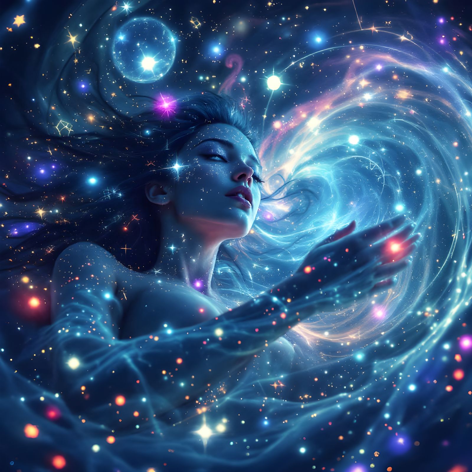 Ethereal Woman in Cosmic Chamber with Holographic Constellat...