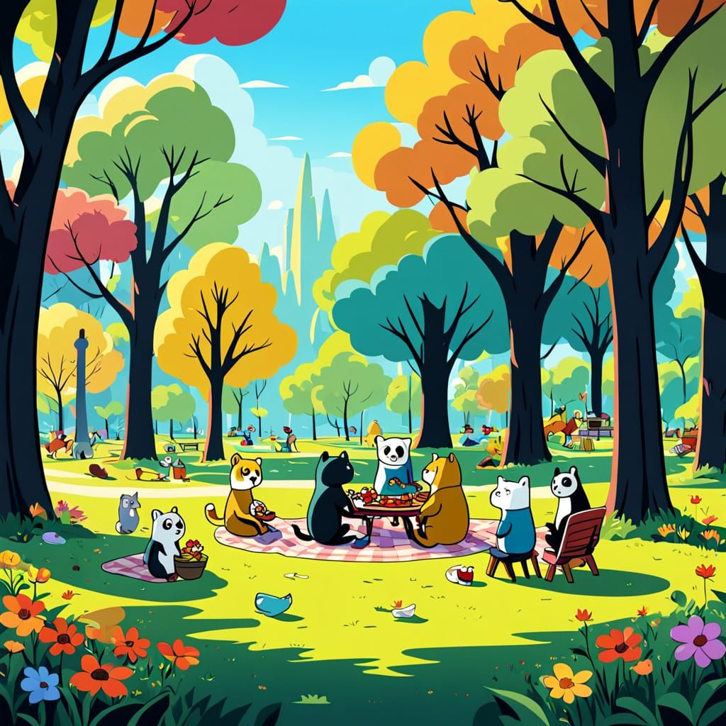 Cartoon Animals Picnic in Park, Flat Design Illustration