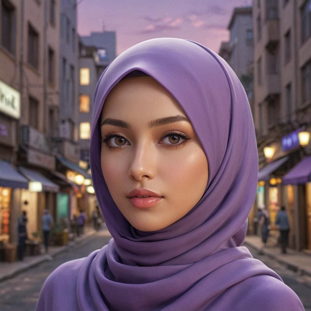 Elegant Woman in Purple Hijab: 3D Anime Art