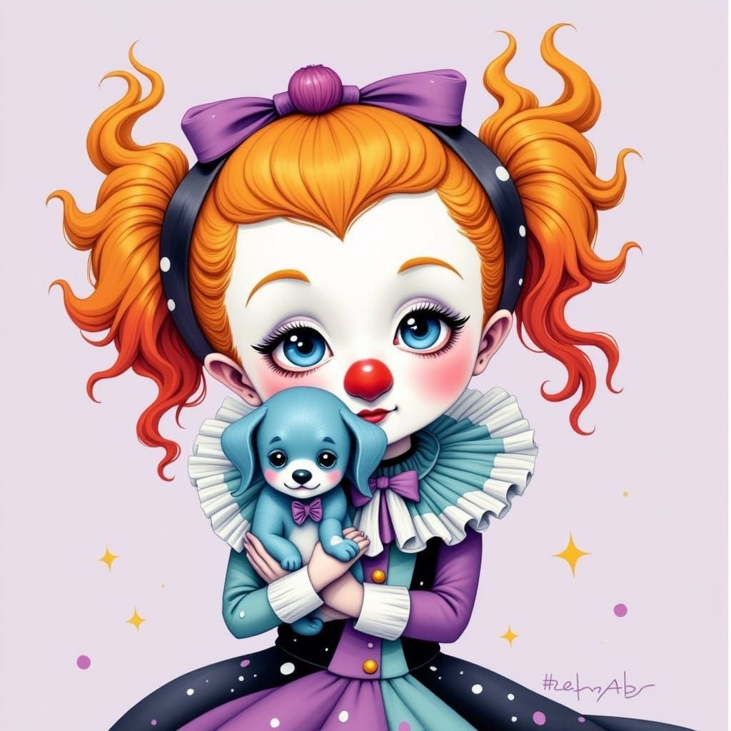 Cherubic Clown Holding Blue Puppy in Whimsical Emo-Inspired ...