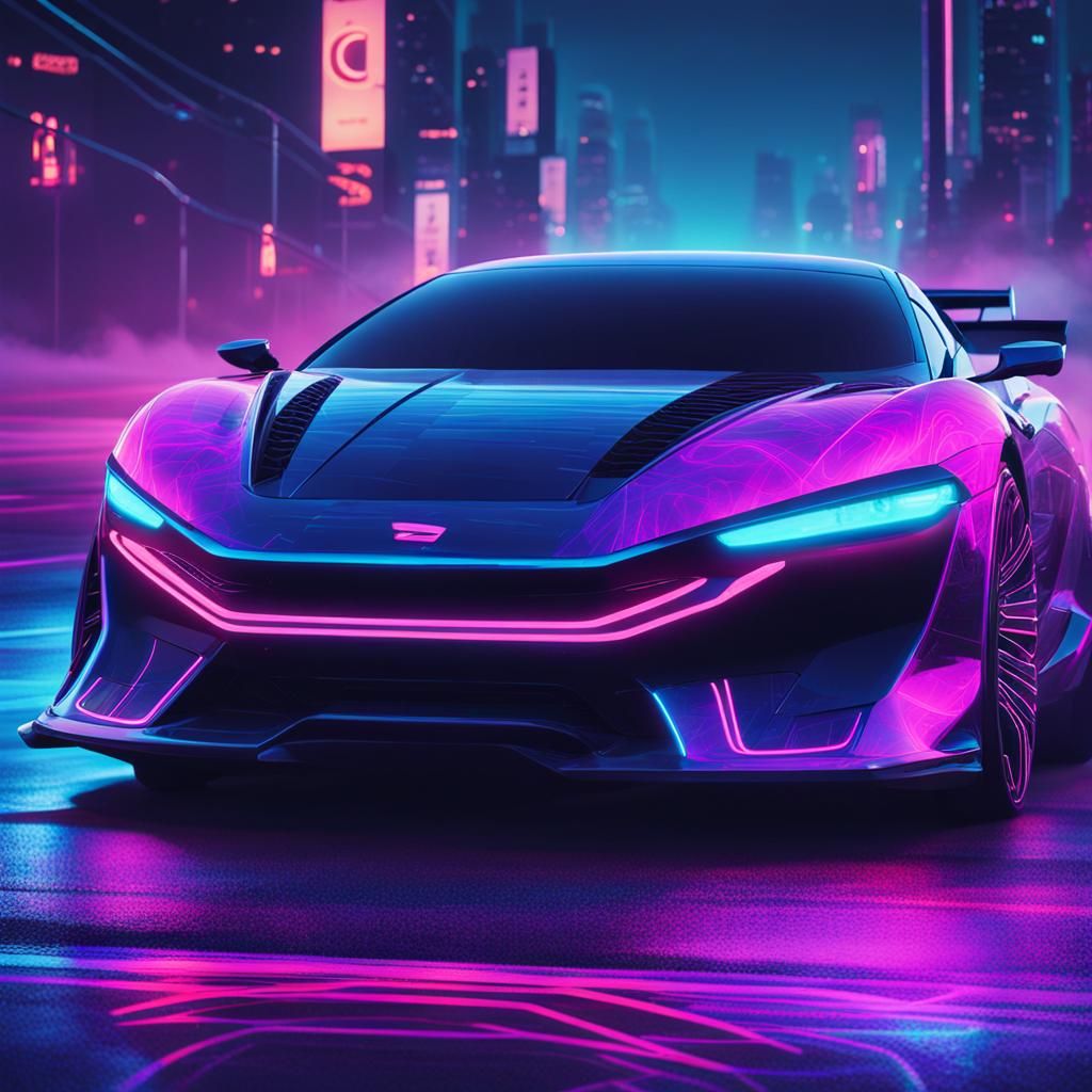 Futuristic Neon Sports Car on Misty Highway
