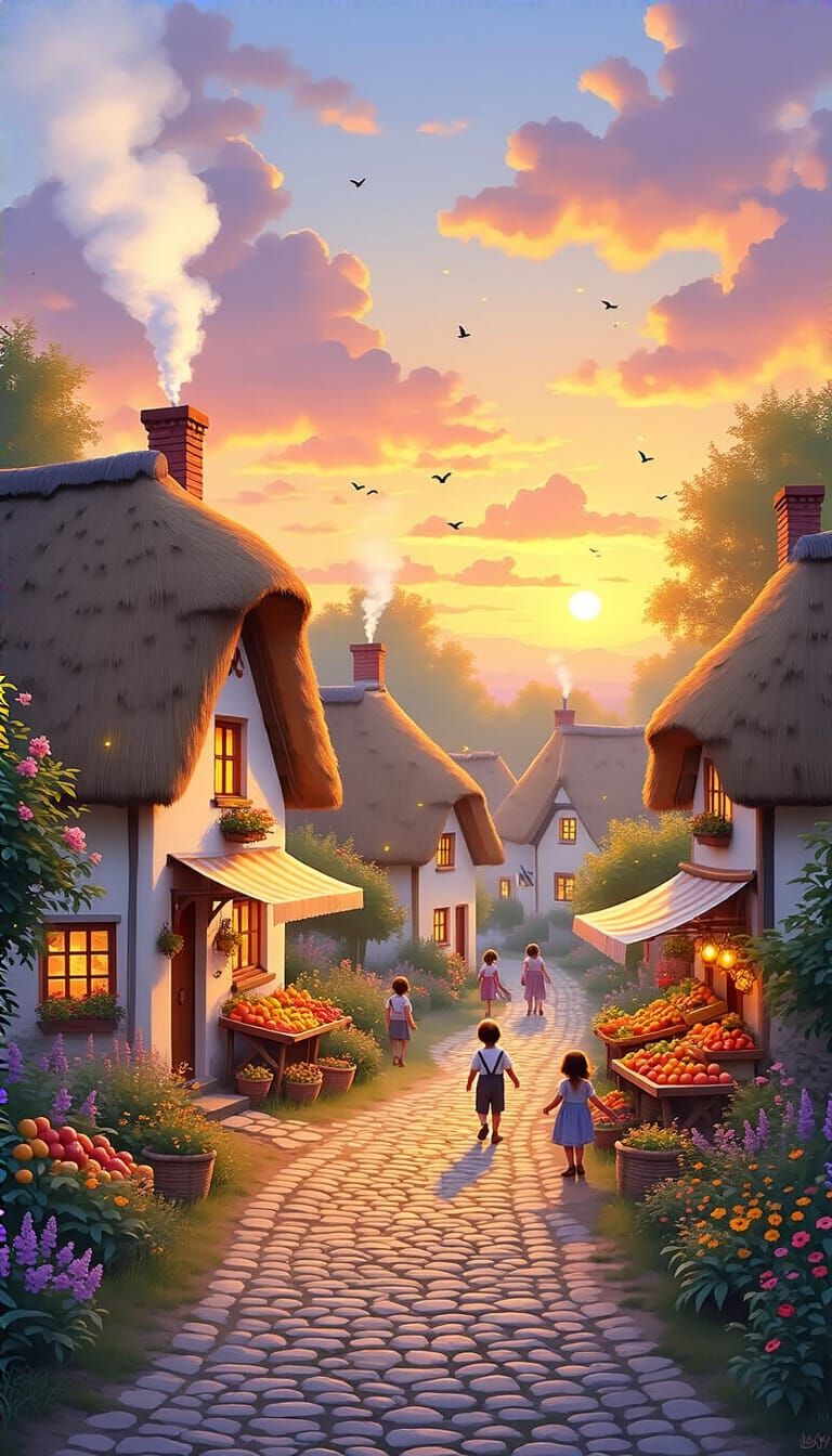 Cozy Village Sunset in Impressionist Style