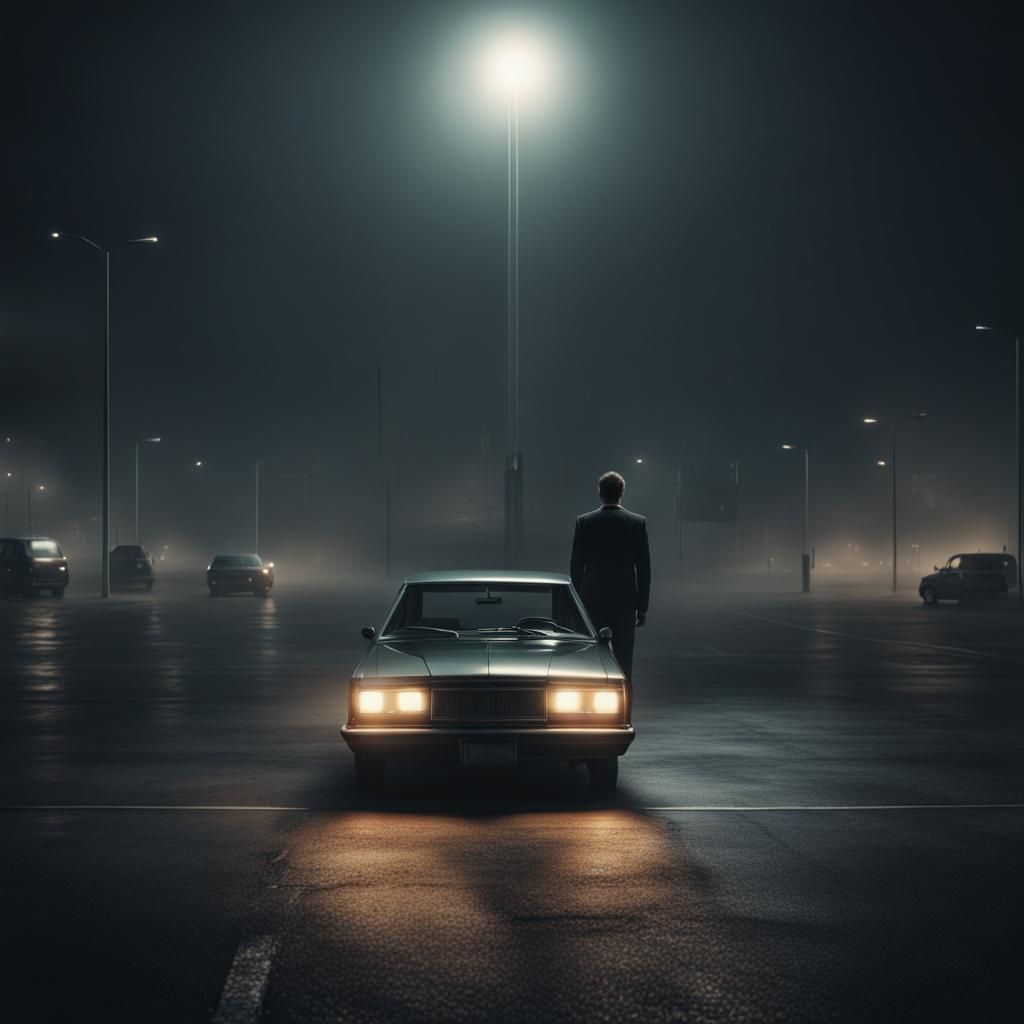 Man alone in a Dark parking lot with a single car and one light