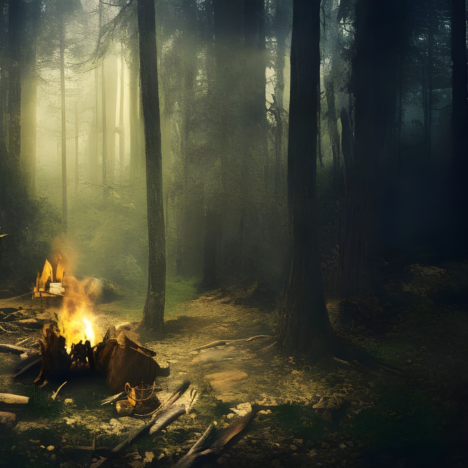 Epic Campfire Scene in Atmospheric Forest