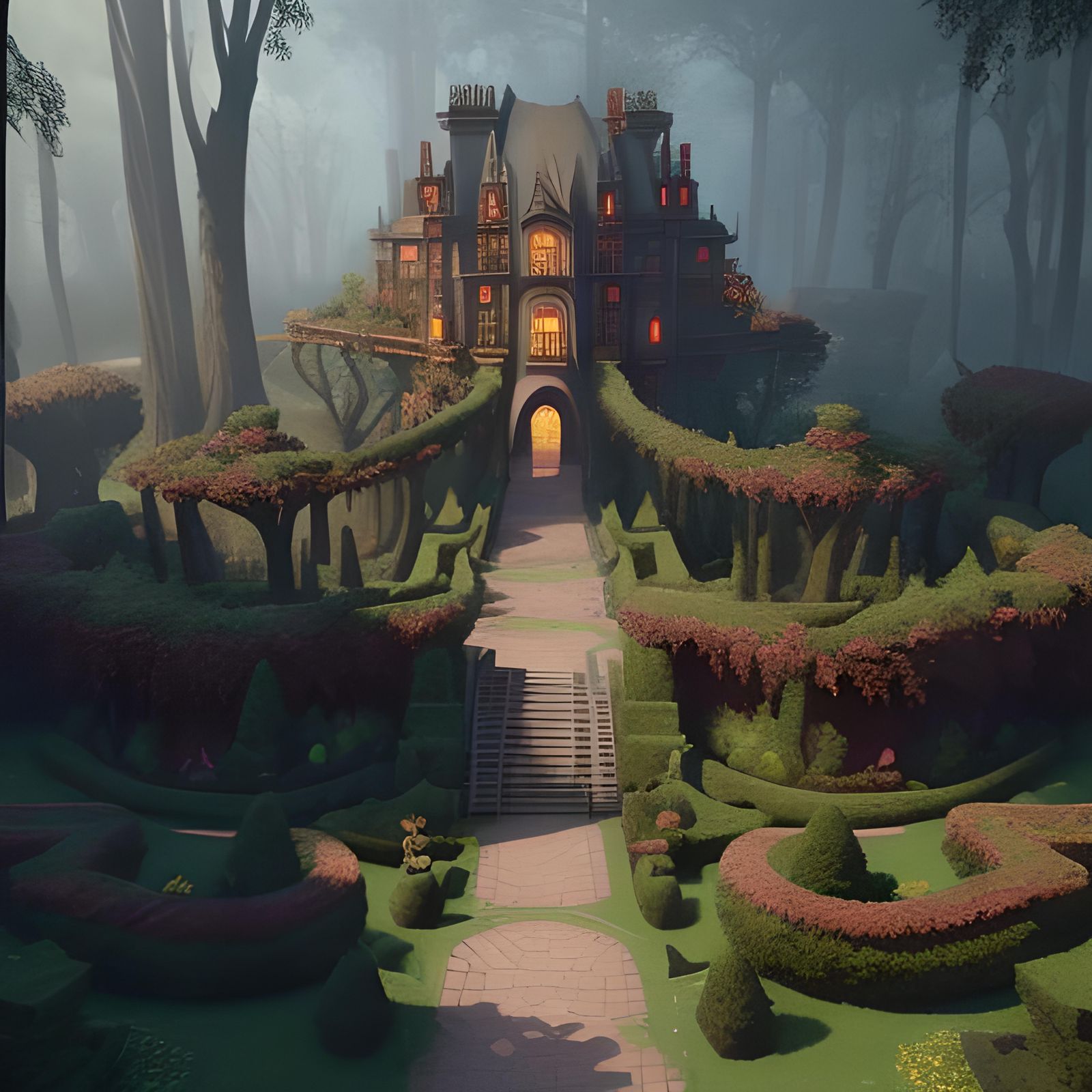 Intricate Hedge Maze in Detailed Matte Painting Style