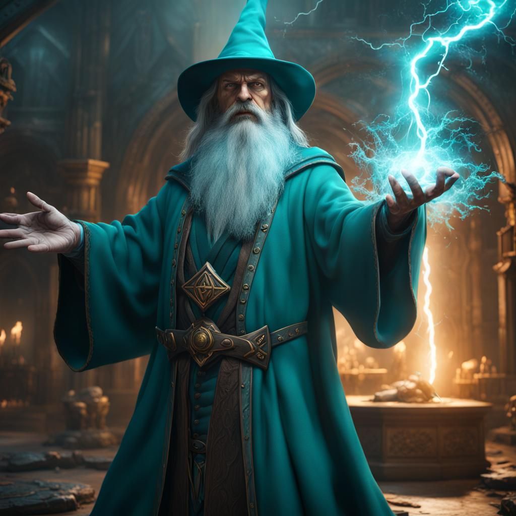 Wizard Casting Teal Lightning Spell in Detailed Matte Painti...
