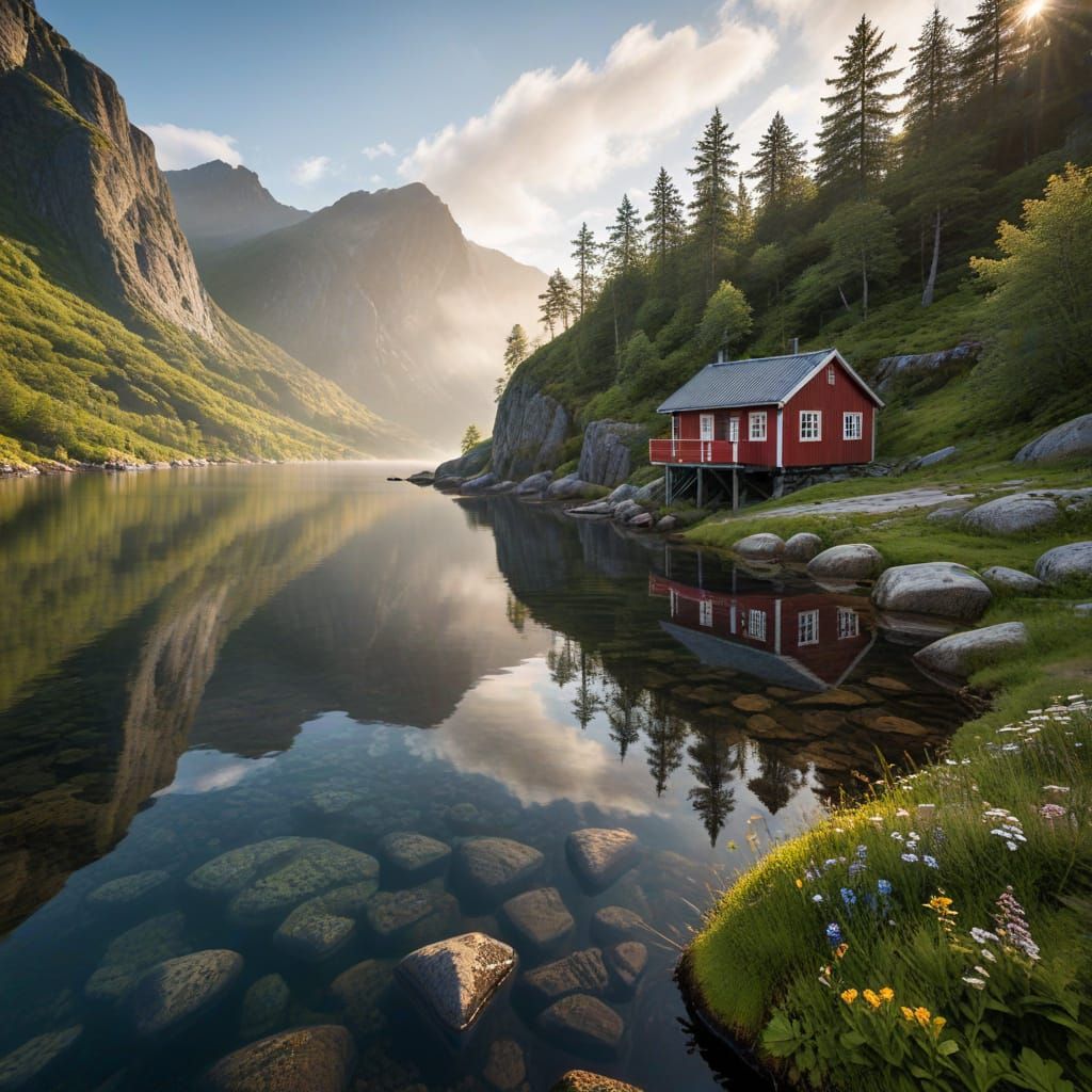 Traditional Red Wooden Lake House in Norwegian Wilderness