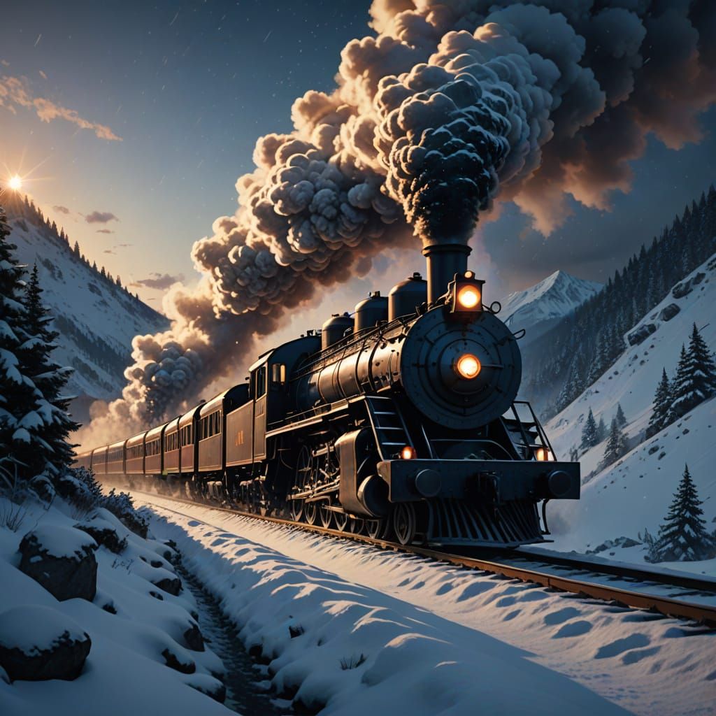 Steam Train Climbs Snowy Mountain at Dusk
