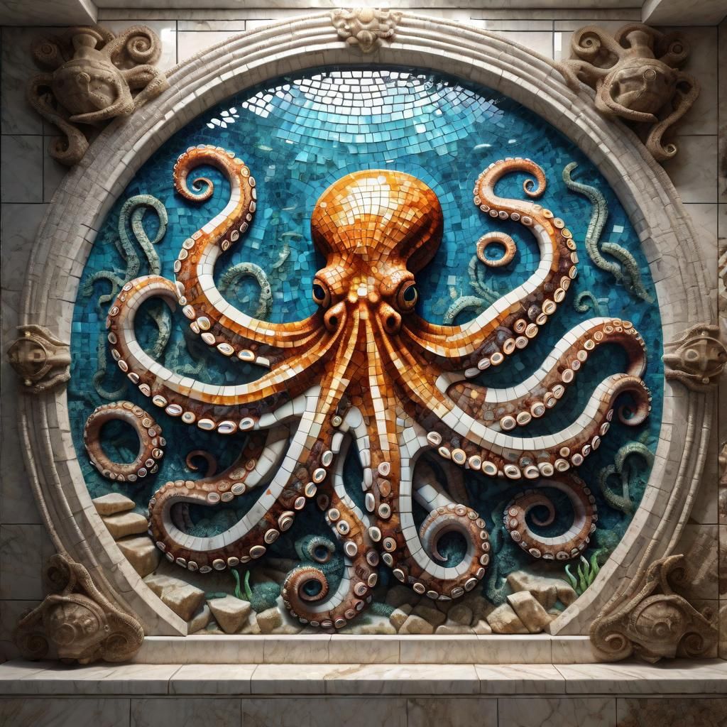 Octopus Mosaic in Atlantis Ruins, 3D Render