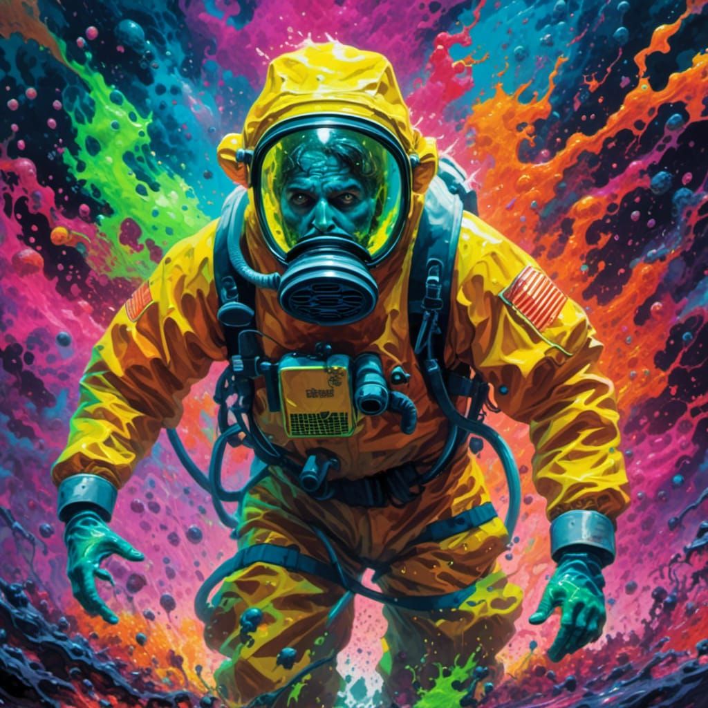 Intense Hazmat Suit Horror in Oversaturated Style