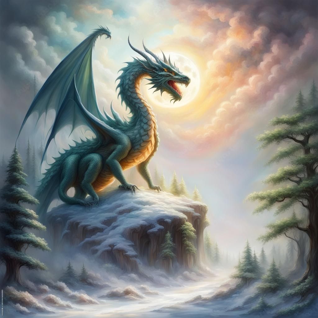 Mythical Dragon in Forest with Heavenly Light