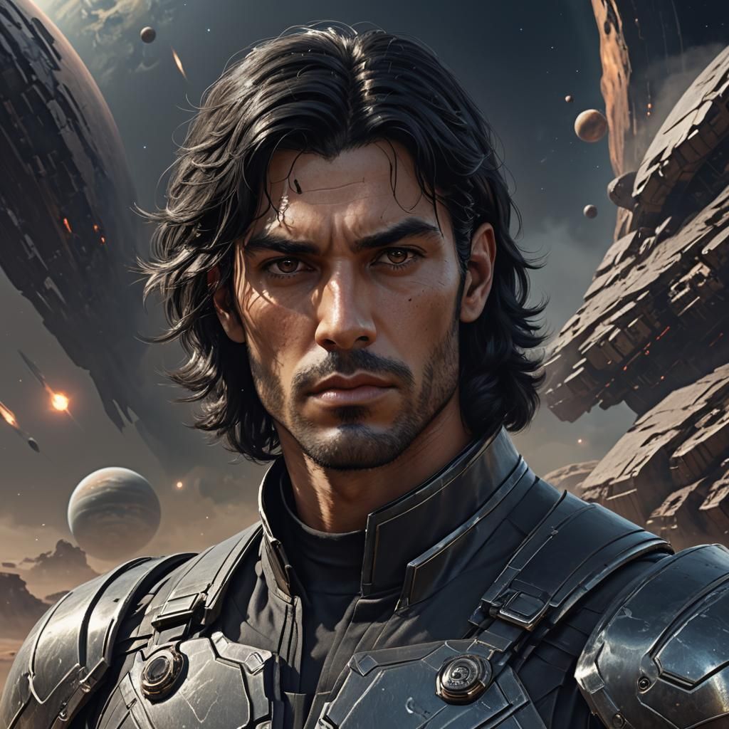 Dark Fantasy Portrait of Athletic Man with Planets