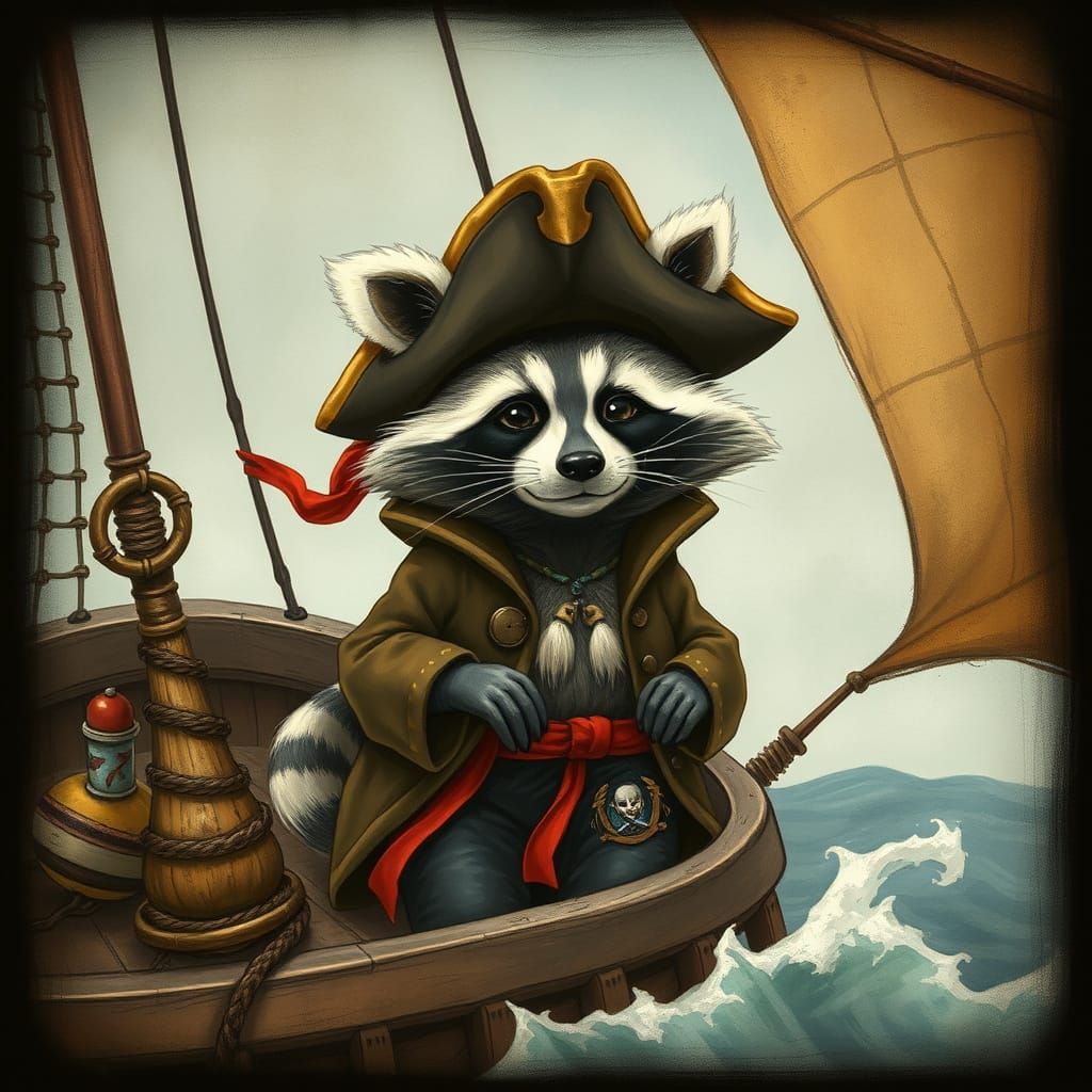 Whimsical Raccoon Pirate Sails the High Seas