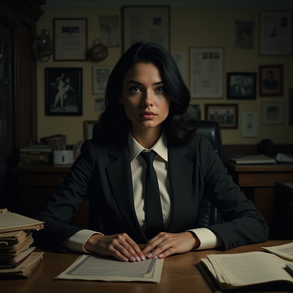 Hyperrealistic Noir Portrait of a Woman at Her Desk