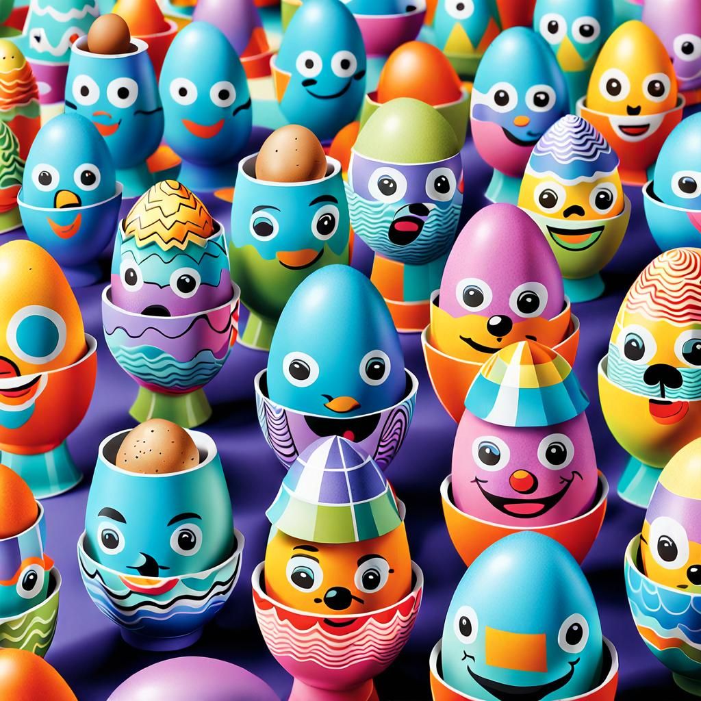 Humorous Egg Cups in Geometric Packaging, Vector Art