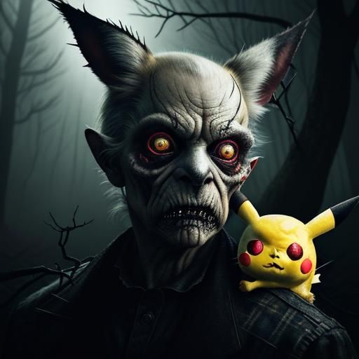 Horror Realism: Vicious Pikachu Portrait in Ominous Forest