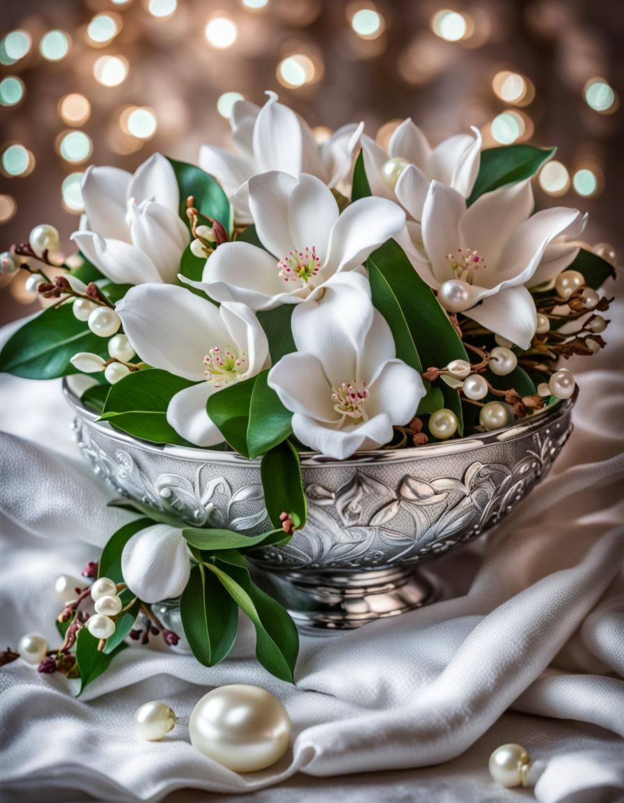 Silver Bowl with Flowers and Jewels