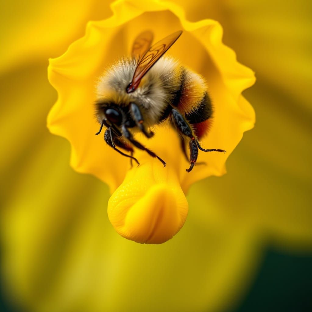 Vibrant Bumblebee in Mid-Air Amidst Spring Blooms