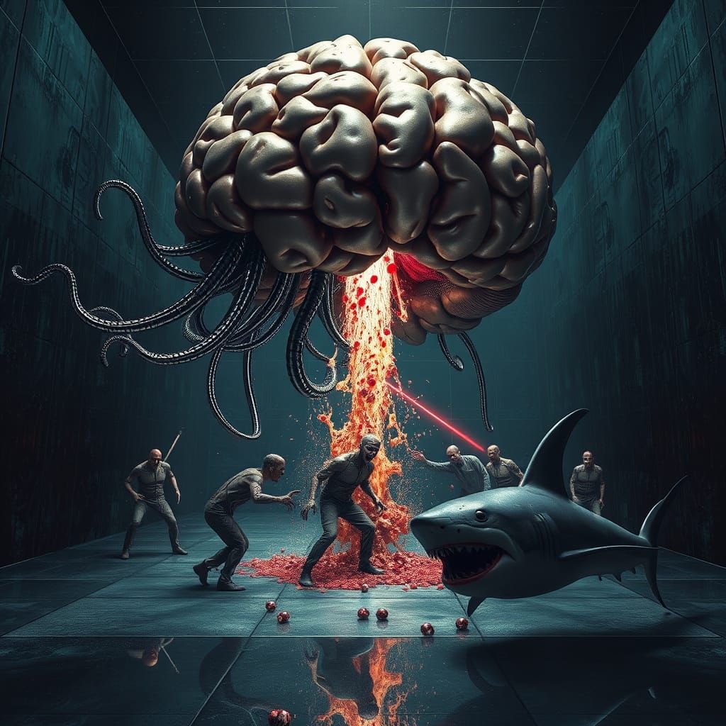 Giant Robot Brain Zit Explosion in Biomechanical Style