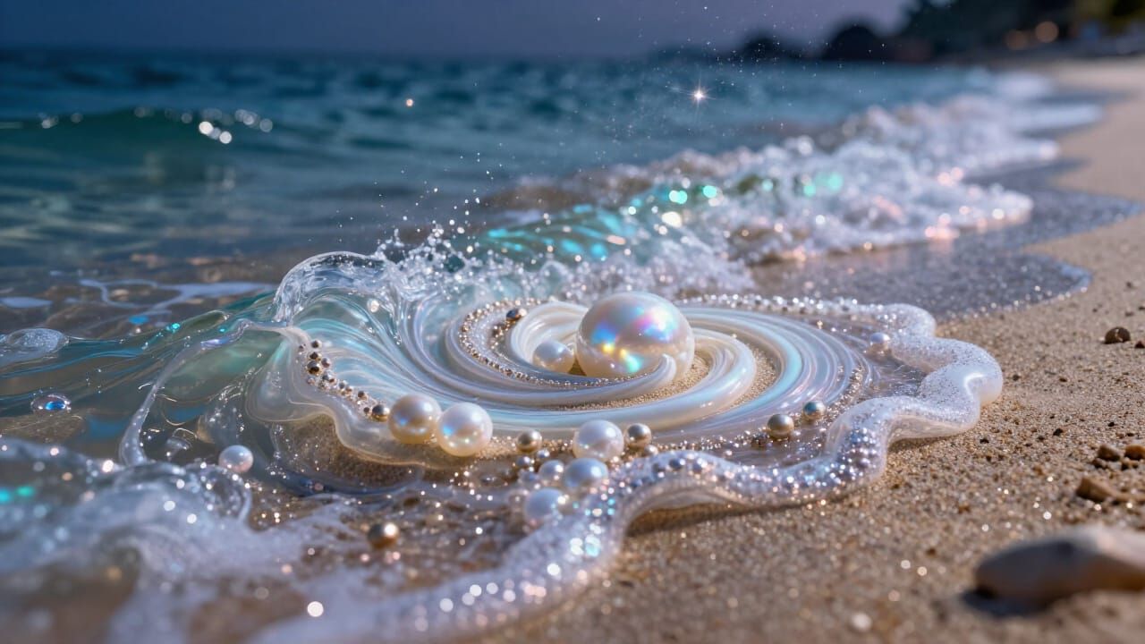 Surreal Bioluminescent Beach With Pearl Waves