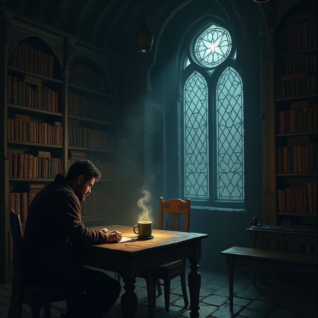 Lone Traveler in Ancient Library Cafe