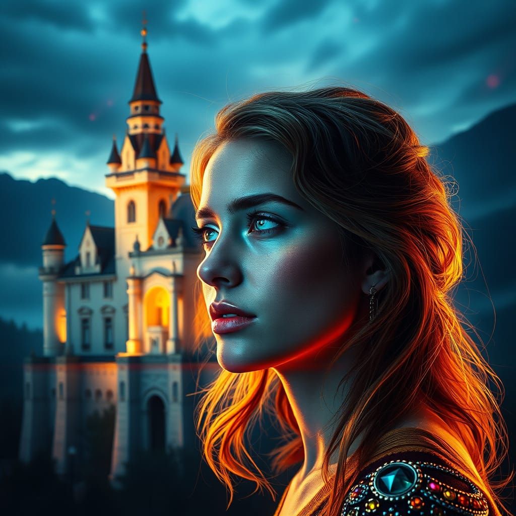 Ethereal Castle Portrait in Vibrant, Dreamlike Style