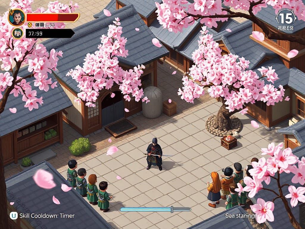 Isometric pixel art depiction of a traditional Japanese village during cherry blossom season
