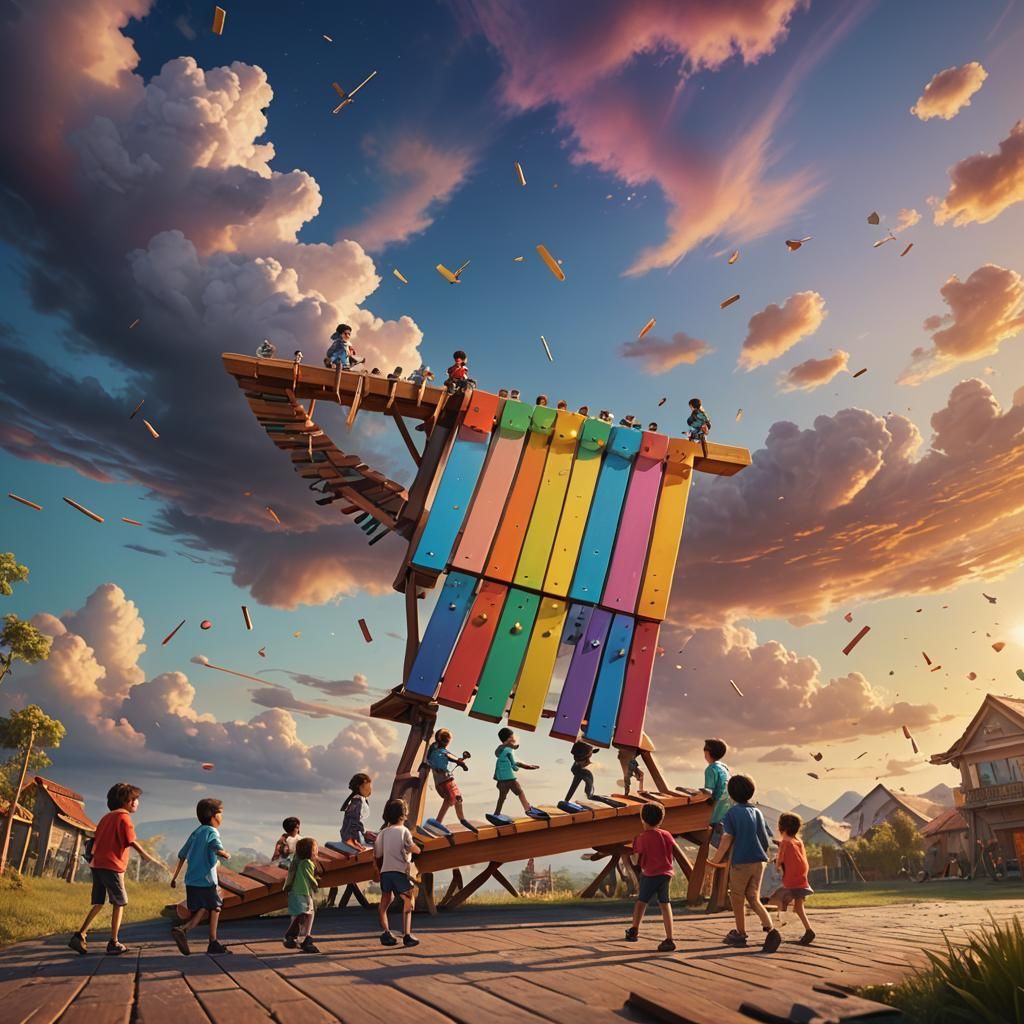 Children Play Giant Xylophone in Colorful Digital Painting