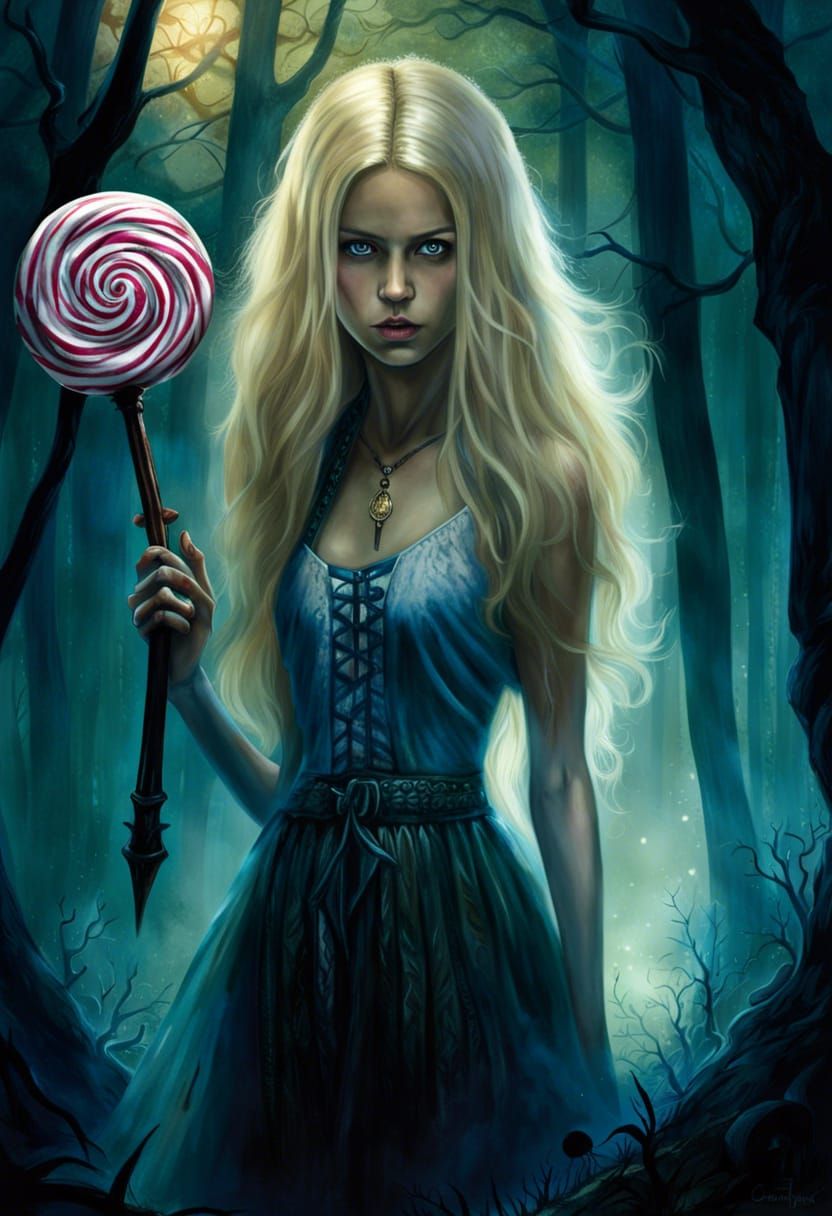 Scared Teenager with Lollipop Sword in Dark Forest