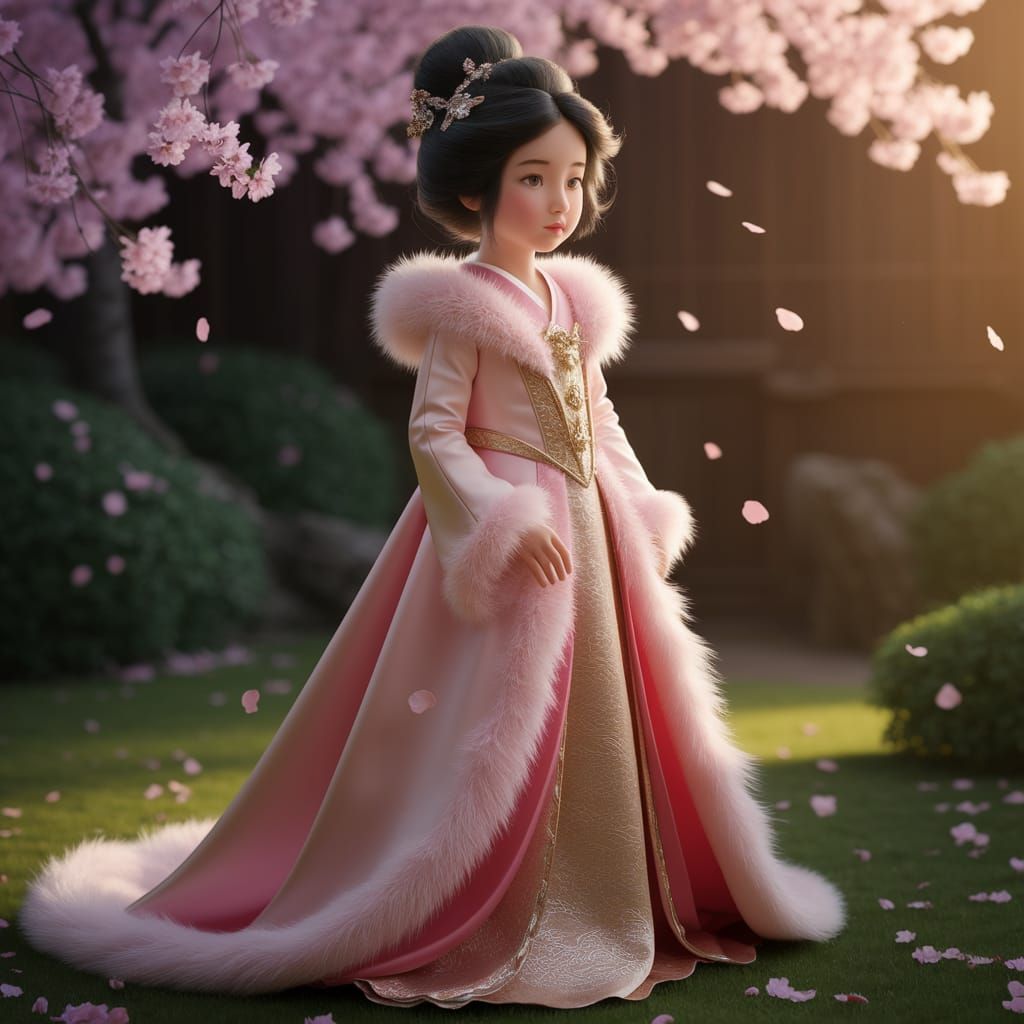 Japanese Princess in Cherry Blossom Garden